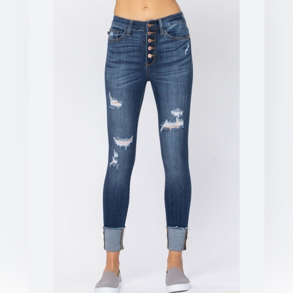 Judy Blue Button Fly Distressed Cuff Jeans
